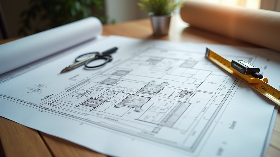 High angle view of a home remodeling blueprint and measuring tools on a table