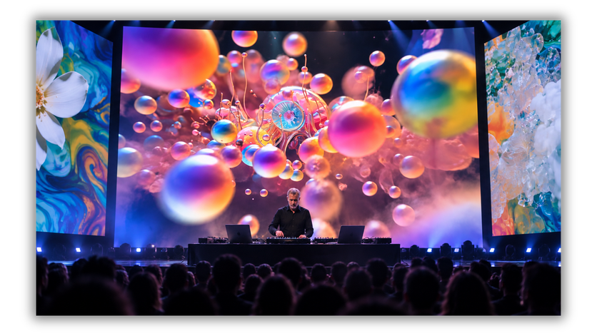 Journey to Eternity performance concept with a live musician, audience, and colorful immersive projections.