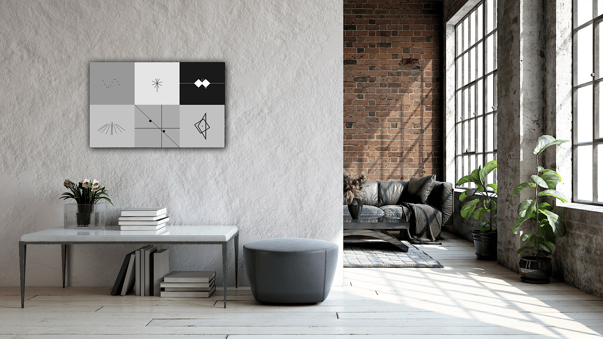 Geometric wall art in a bright loft interior