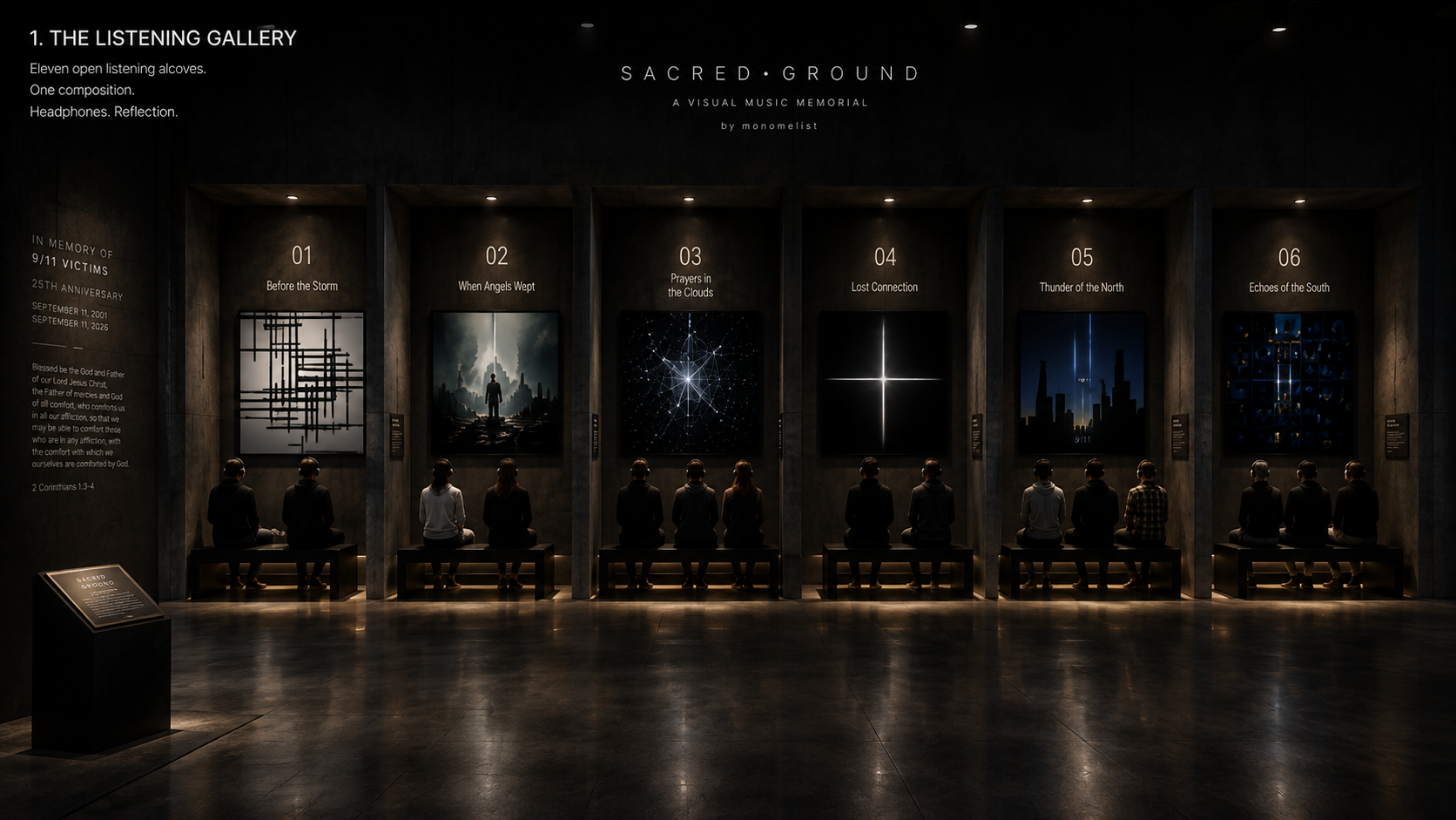 Listening gallery concept with six visible alcoves, artworks, benches, and visitors.