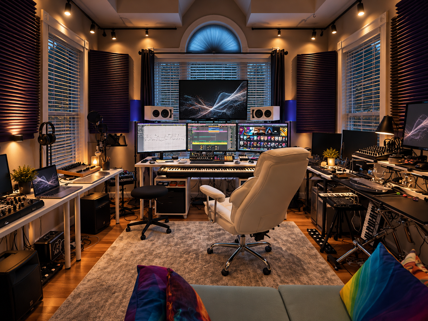 Studio A at home, with a central music workstation, keyboards, acoustic panels, and instruments with warm studio lighting.
