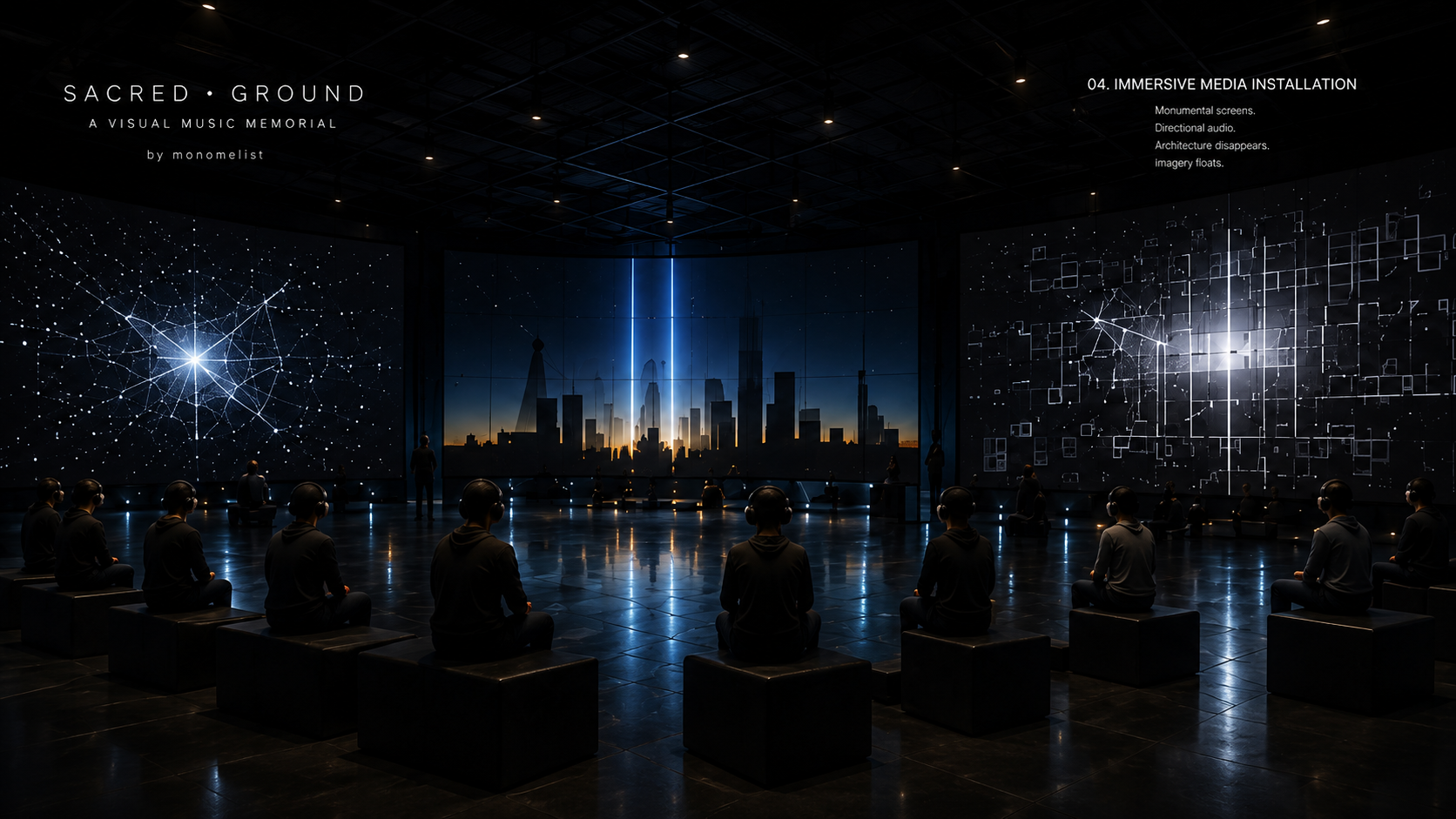 Animated immersive installation concept: a constellation on the left, twin memorial beams in the center, and illuminated geometric paths on the right.