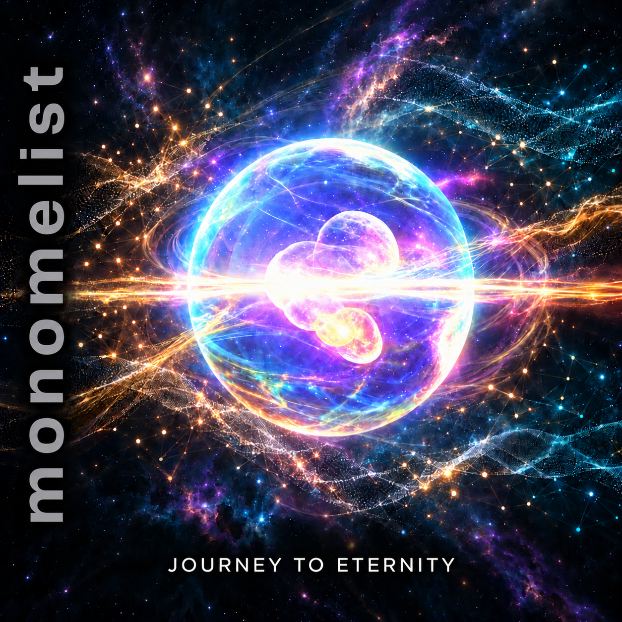 Journey To Eternity album cover with a luminous blue orb blended with flowing particle waves, vertical monomelist lettering, and the album title below.