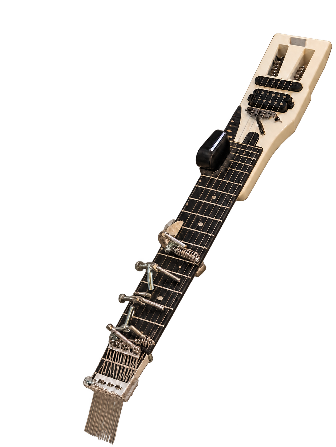 Isolated prepared guitar with E-Bow and metal preparations