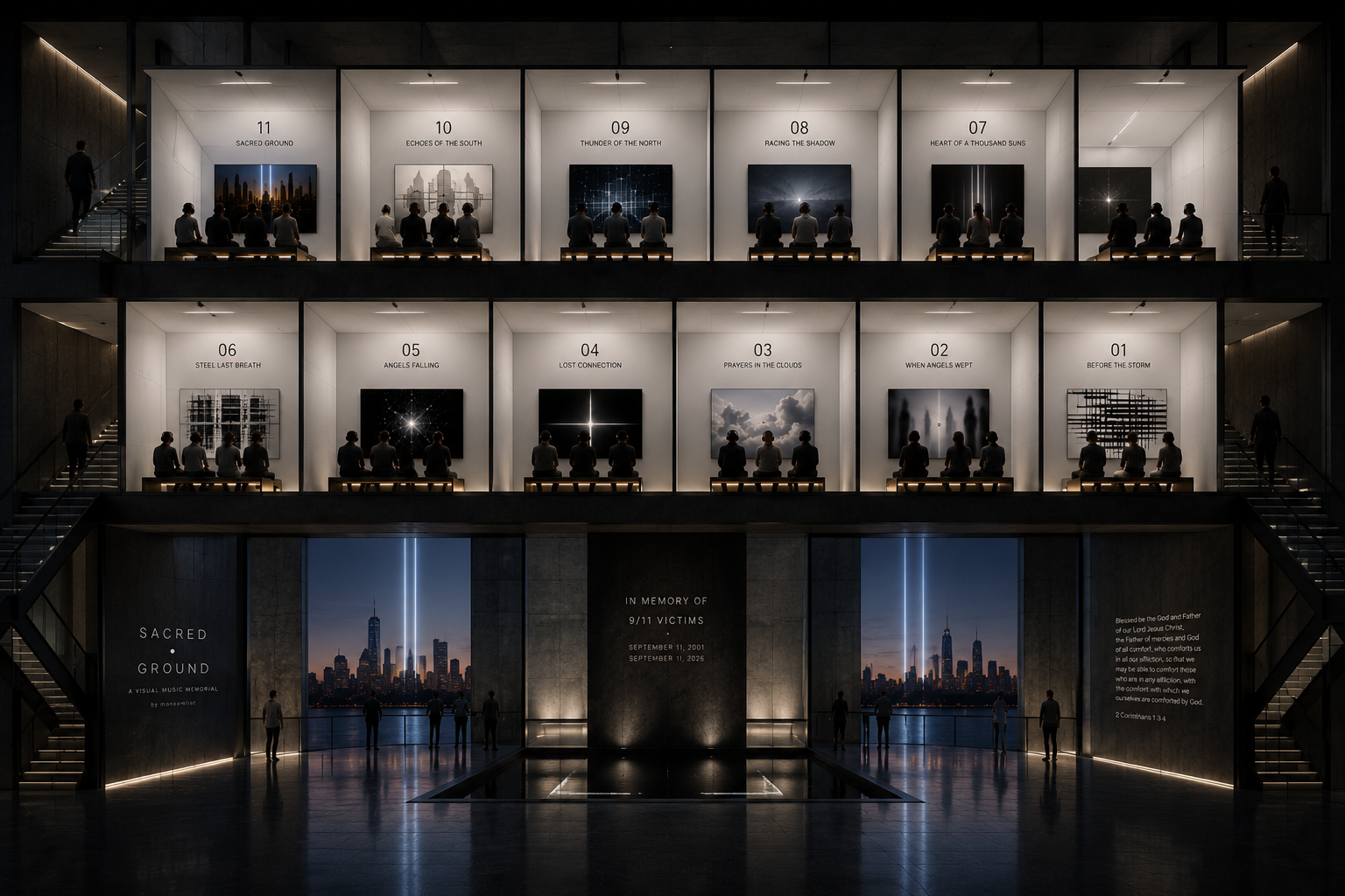 Multilevel exhibition concept with listening spaces above a memorial hall and twin blue beams.