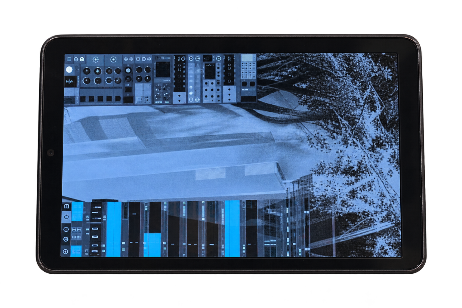 Horizontal iPad view showing a synth patch with a 9/11 image