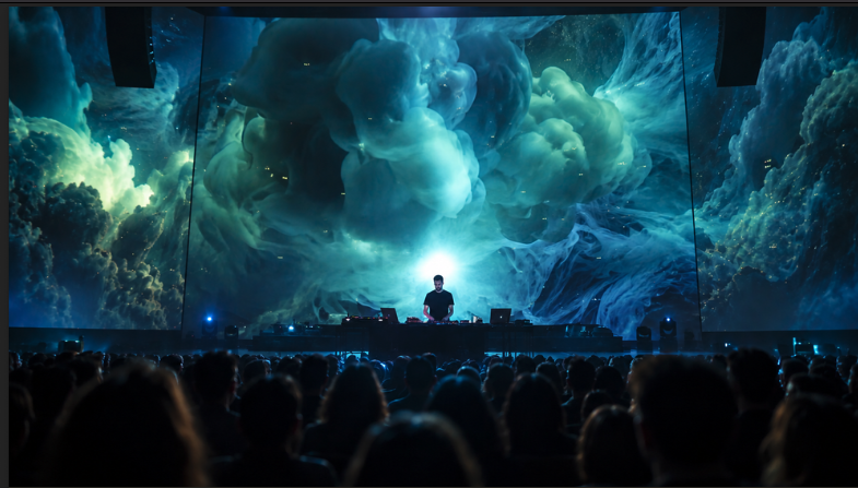 Journey to Eternity performance concept: a performer and audience beneath immense blue cloud visuals