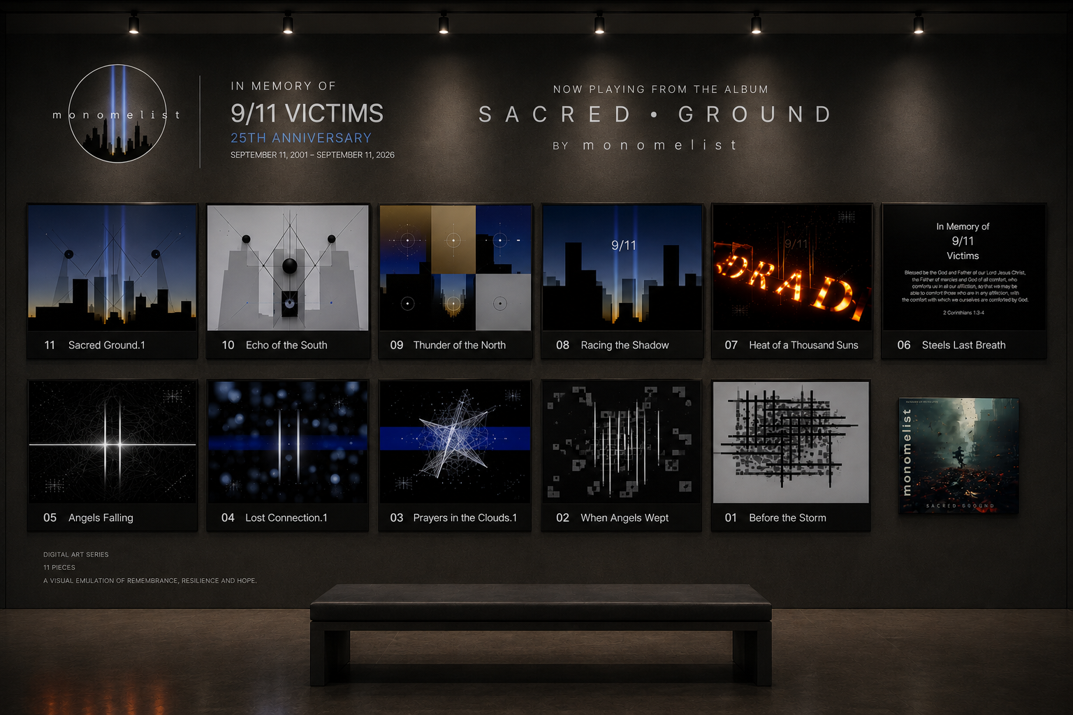 Sacred Ground gallery wall: eleven artworks, each paired with a musical composition.