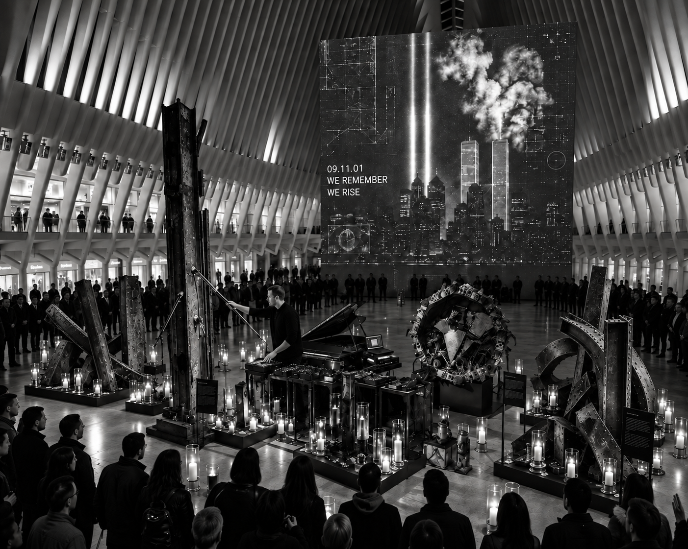 Concept visualization of monomelist performing among resonant materials, candles, and memorial imagery inside the Oculus.
