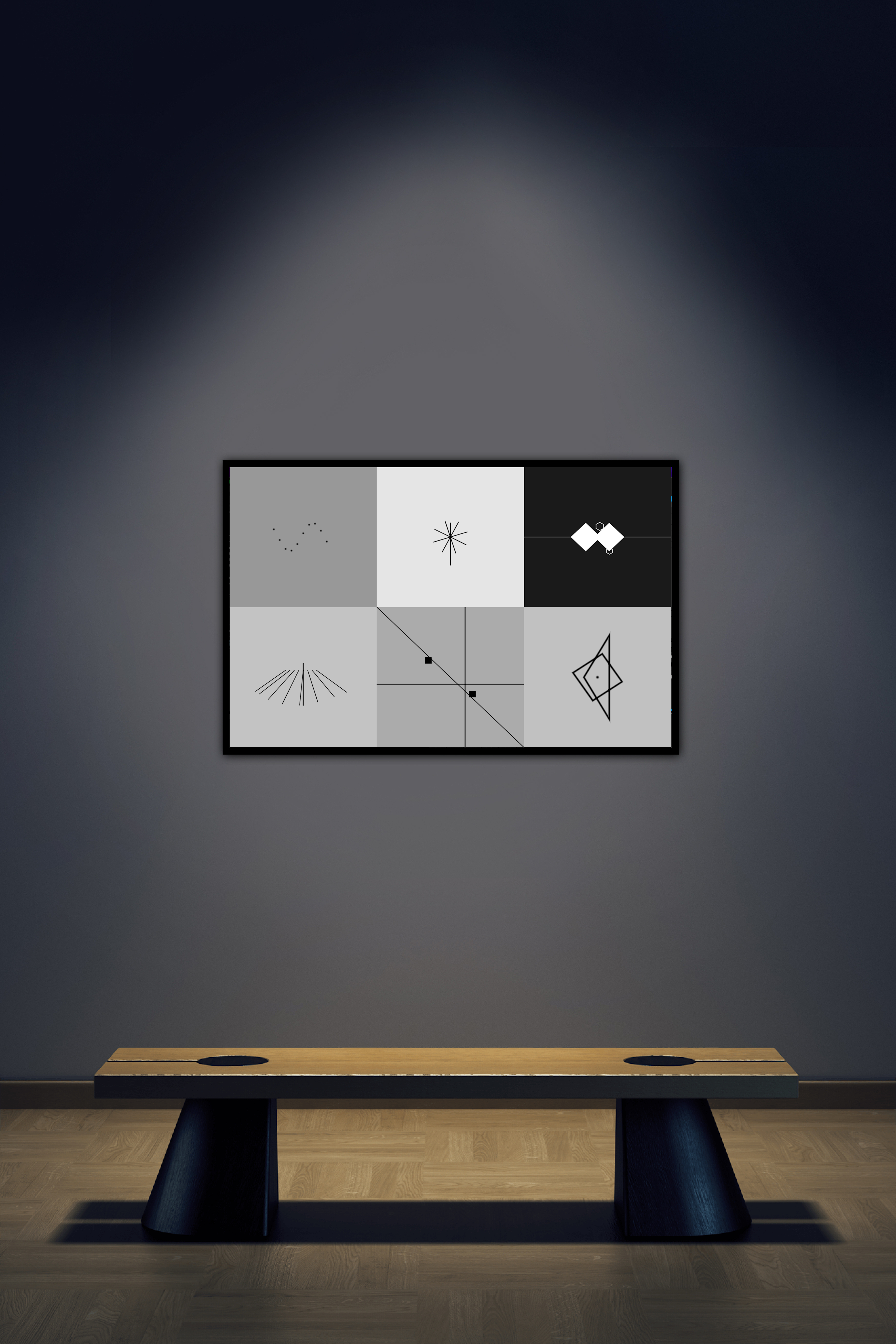 Framed geometric wall art above a bench