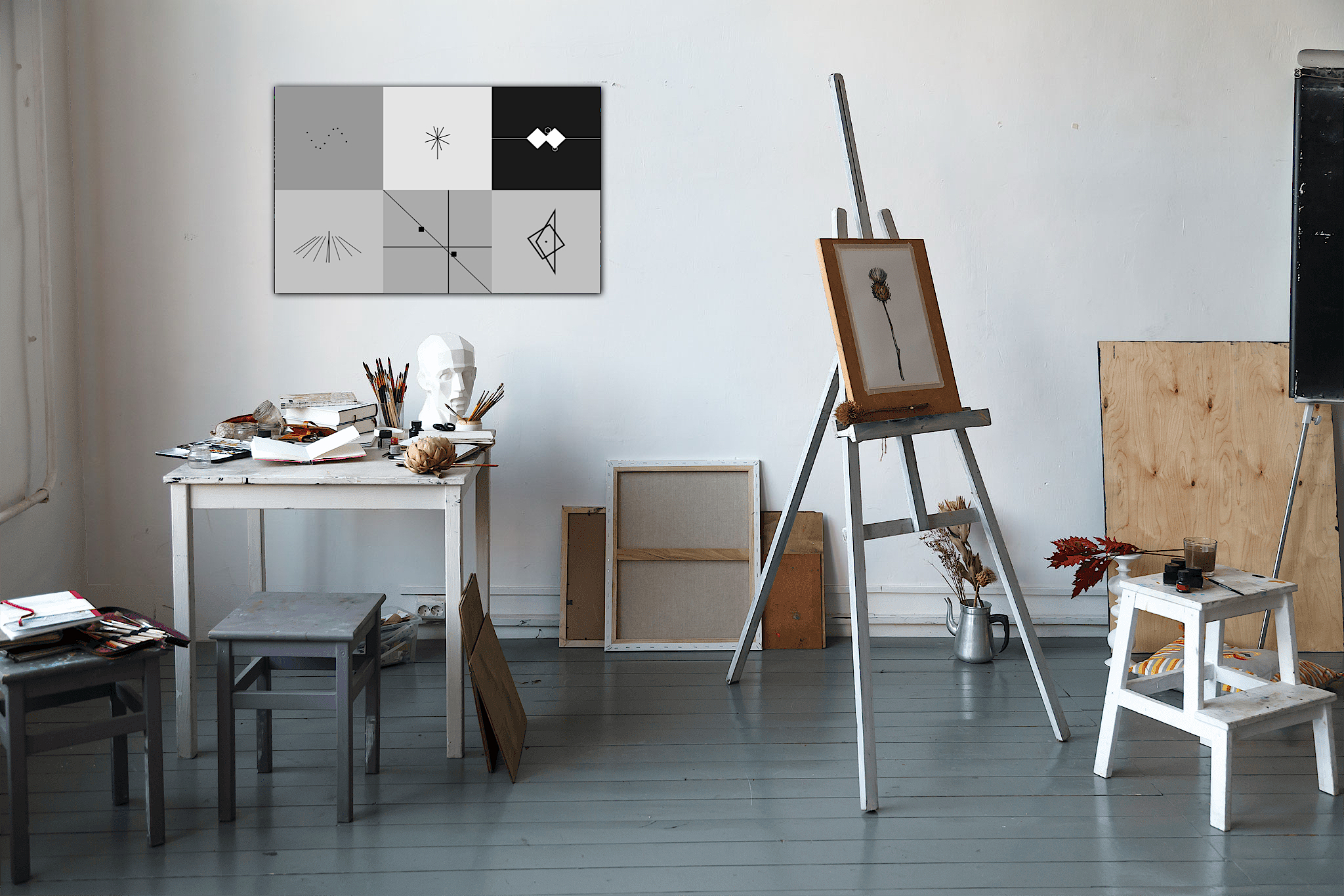 Geometric wall art in an artist studio