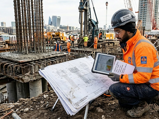 Civil engineer at a construction site and structural designer working on 3D models