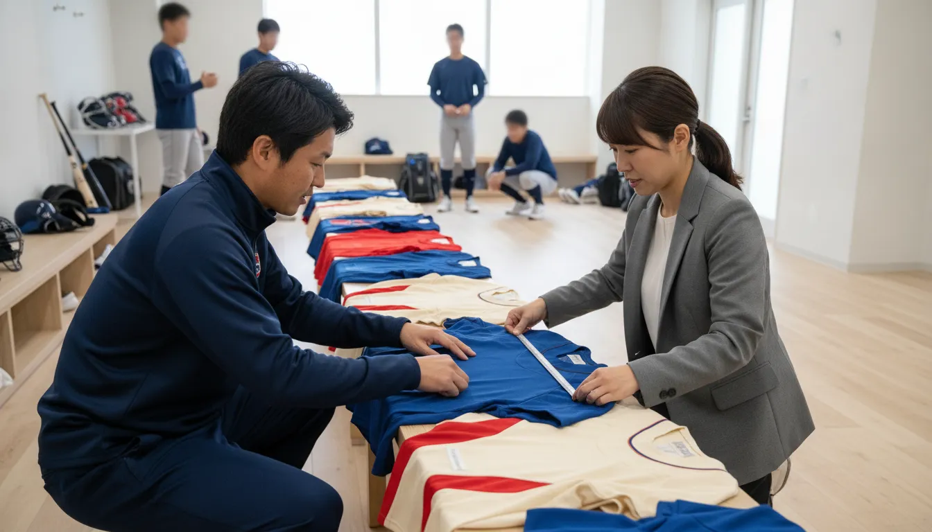 Coach and team manager reviewing custom baseball jerseys before ordering