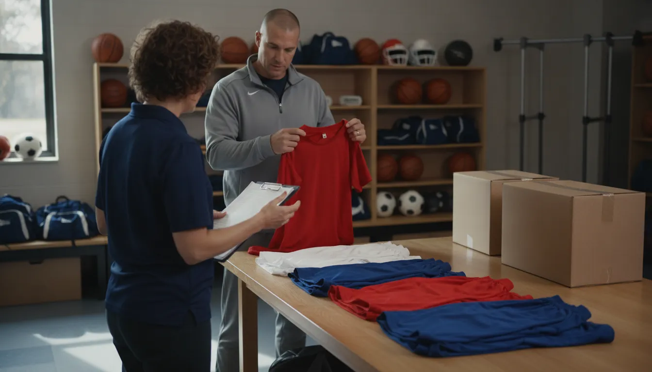 School staff inspecting delivered team uniforms and shipping cartons