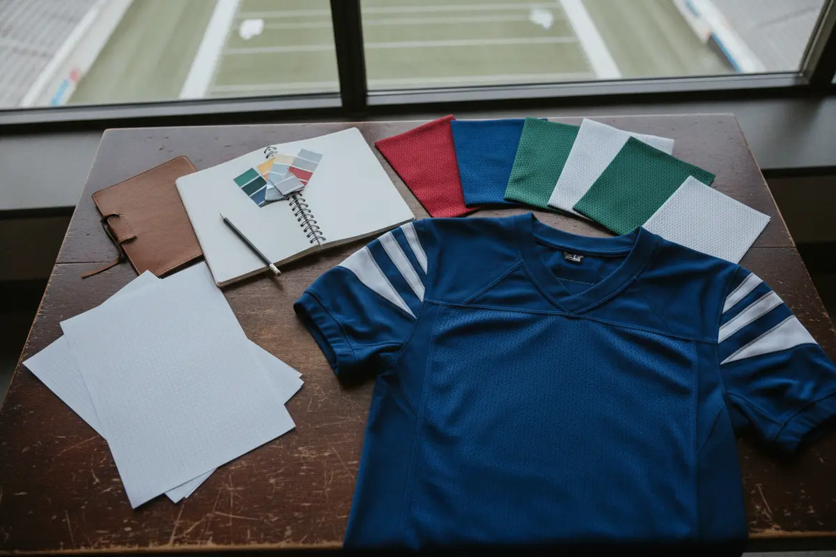 A coach organizes roster and design materials while planning a football uniform order