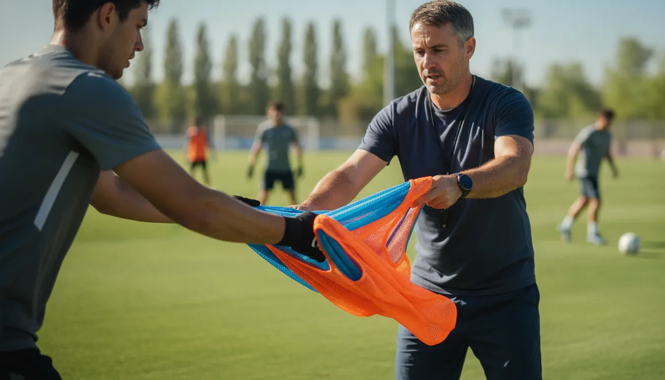 Coach handing a reversible practice vest to a player during team training