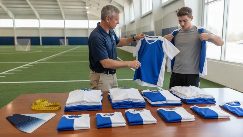 Coach checking lacrosse jersey sizes and color combinations with a player before ordering