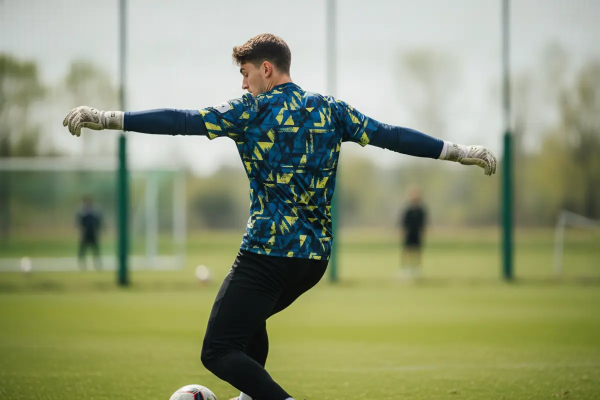 Goalkeeper testing jersey sleeve and torso fit during soccer warmups