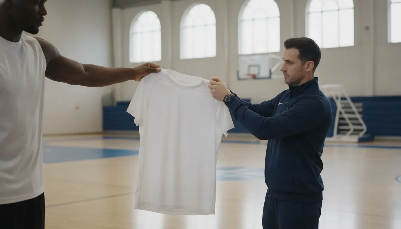 Coach reviewing a custom team uniform design proof with logo and player details