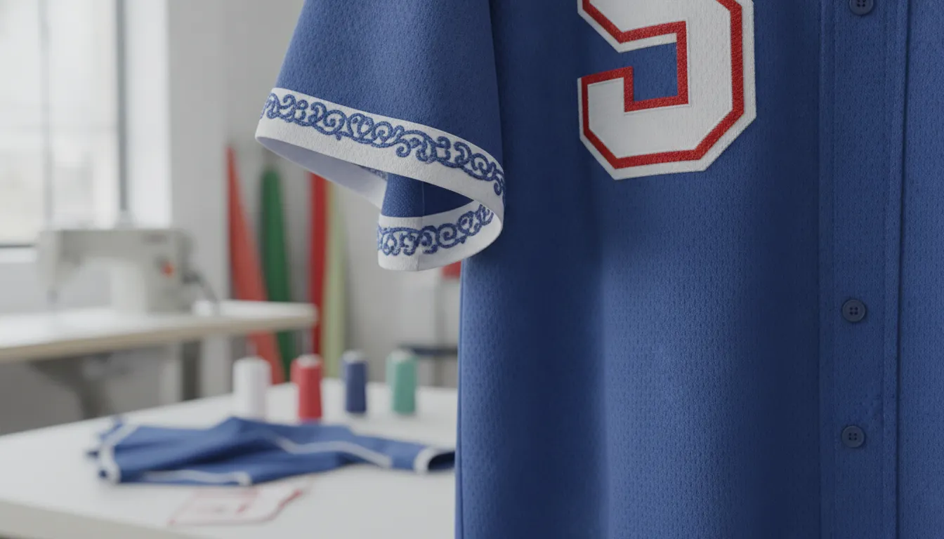 Close-up of tackle twill and sublimation decoration on custom baseball jerseys