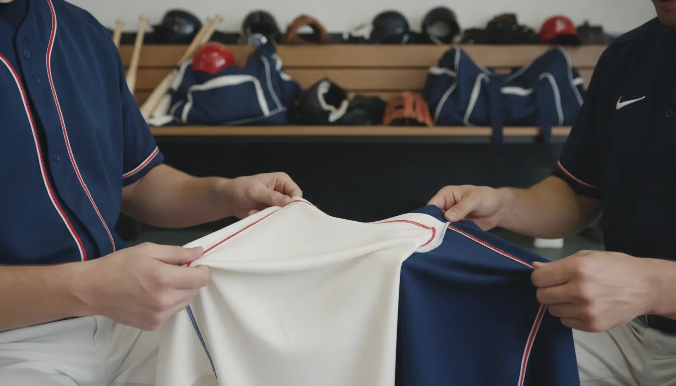 Baseball jersey fabric and stitched trim reviewed during team uniform planning