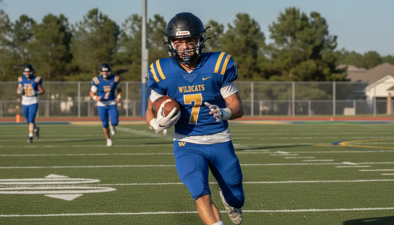 High school football player in custom uniform running drills on a practice field