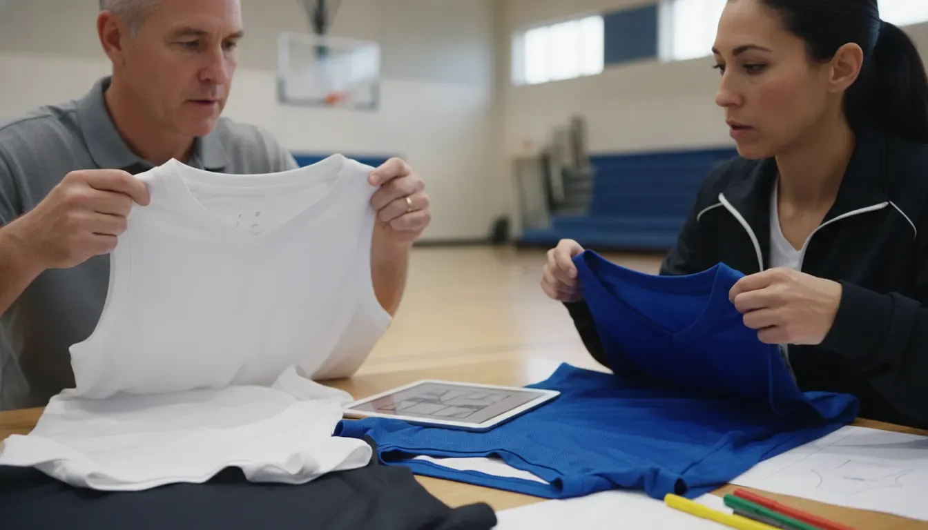 Coach and athletic director comparing basketball jersey samples before approving a maker design