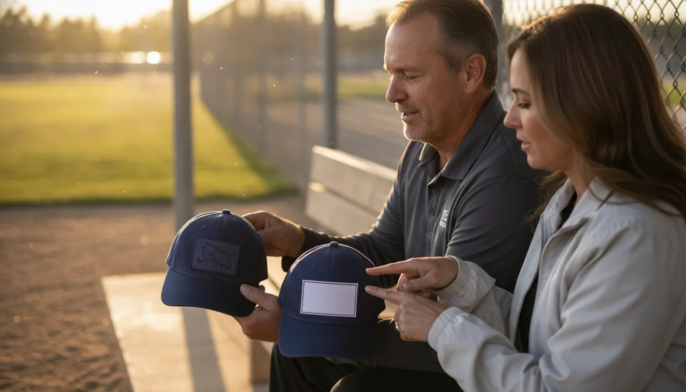 Coaches comparing embroidered team hats and patches at a baseball dugout