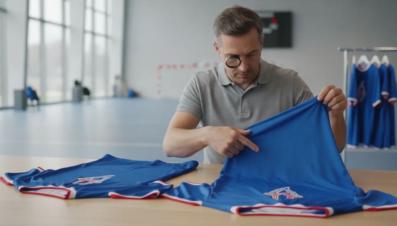 Team manager comparing matching custom athletic jerseys