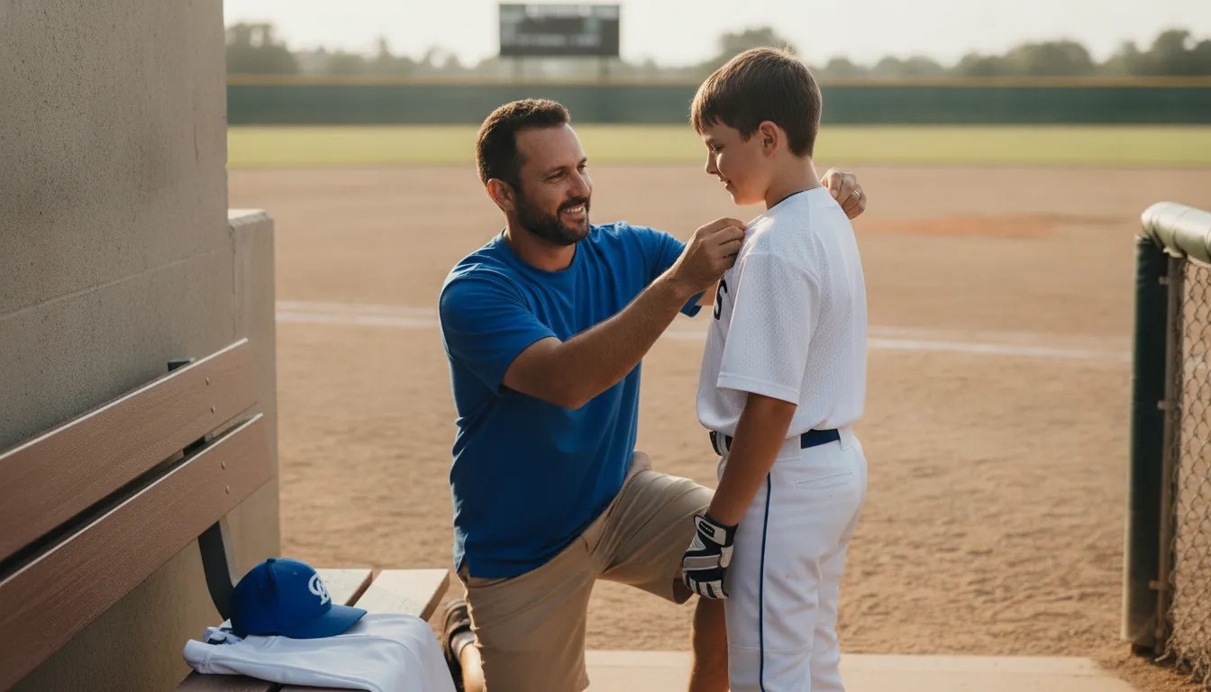 Coach checking a travel baseball player's jersey fit before a tournament