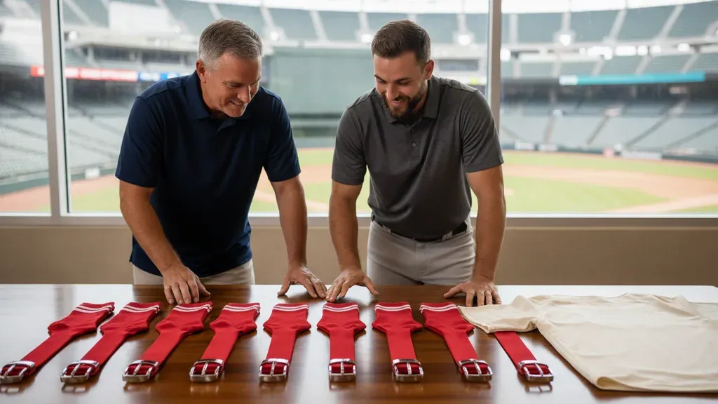 Coaches reviewing coordinated baseball belts and socks before team approval