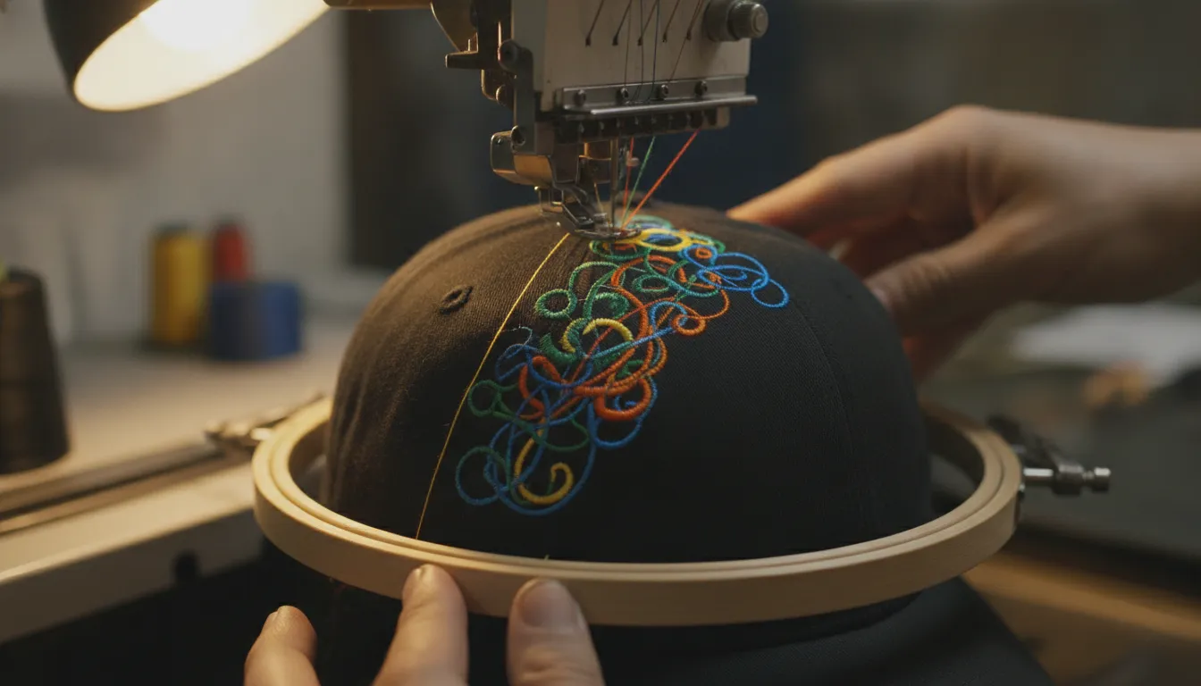 Embroidery machine stitching thread into a baseball cap during team hat production