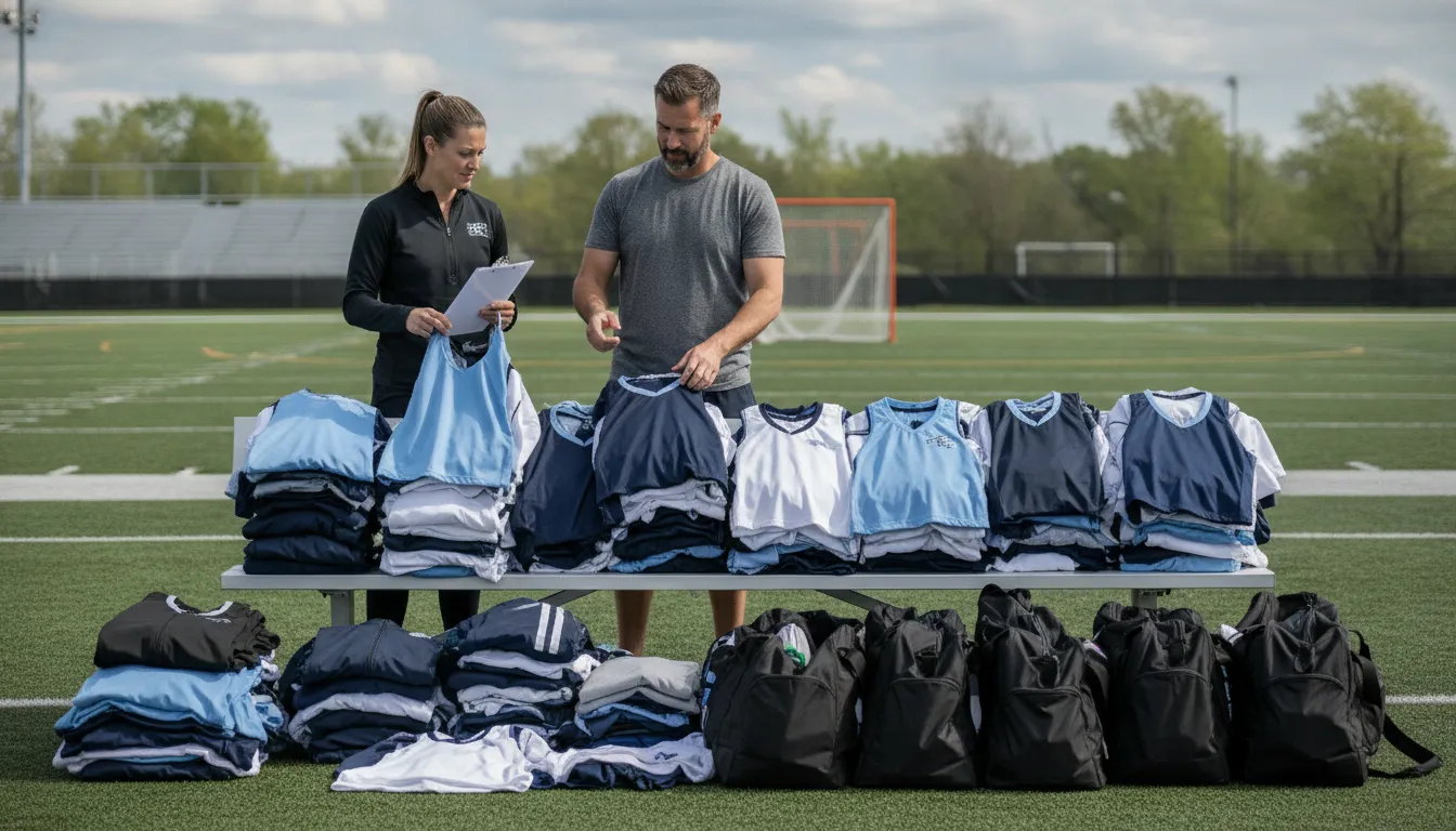 Coach and team manager organizing lacrosse apparel, pinnies, and team bags