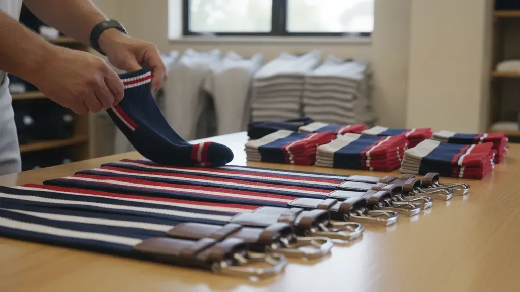 Team baseball socks and belts arranged by size for accessory order planning