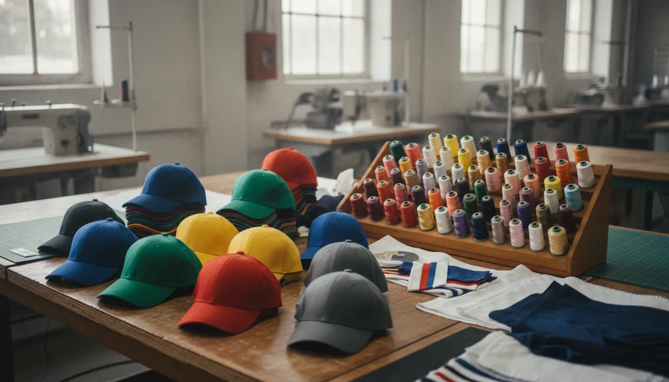 Sport caps and embroidery thread arranged for custom hat embroidery planning