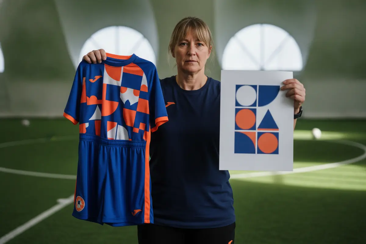 Coach comparing a complete soccer uniform design proof with a jersey, shorts, colors, and player numbers