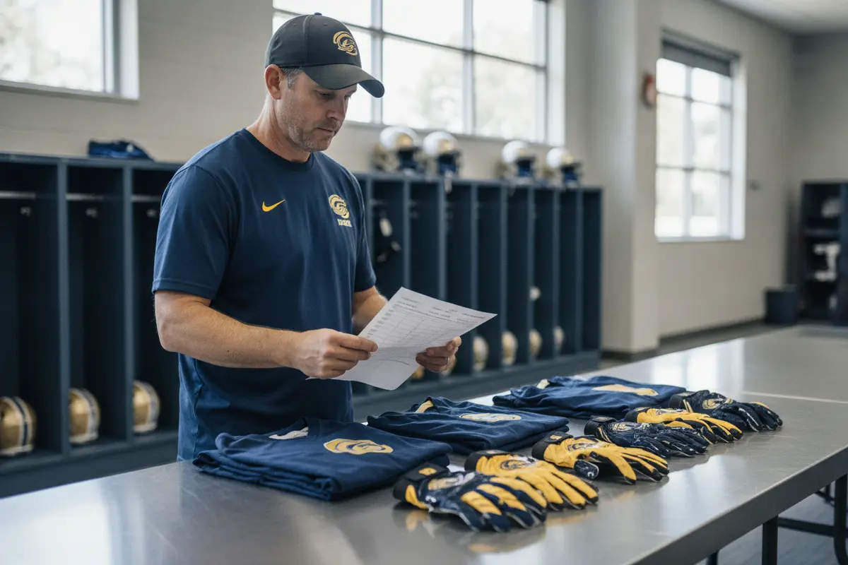 Coach checking a team roster and size notes beside football gloves and a uniform