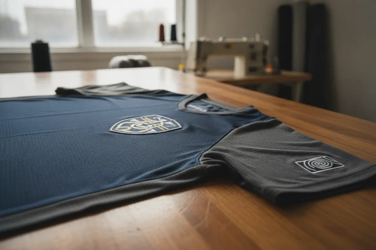 Embroidered crest and sleeve detail on a team jersey