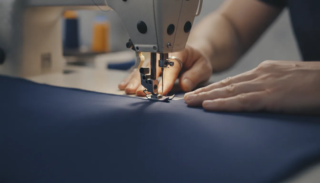 Tailor guiding blank football jersey fabric through a sewing machine, close-up of the decoration process