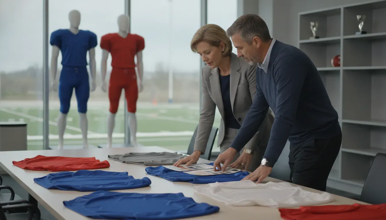 Coach and athletic director reviewing plain football uniform samples before ordering