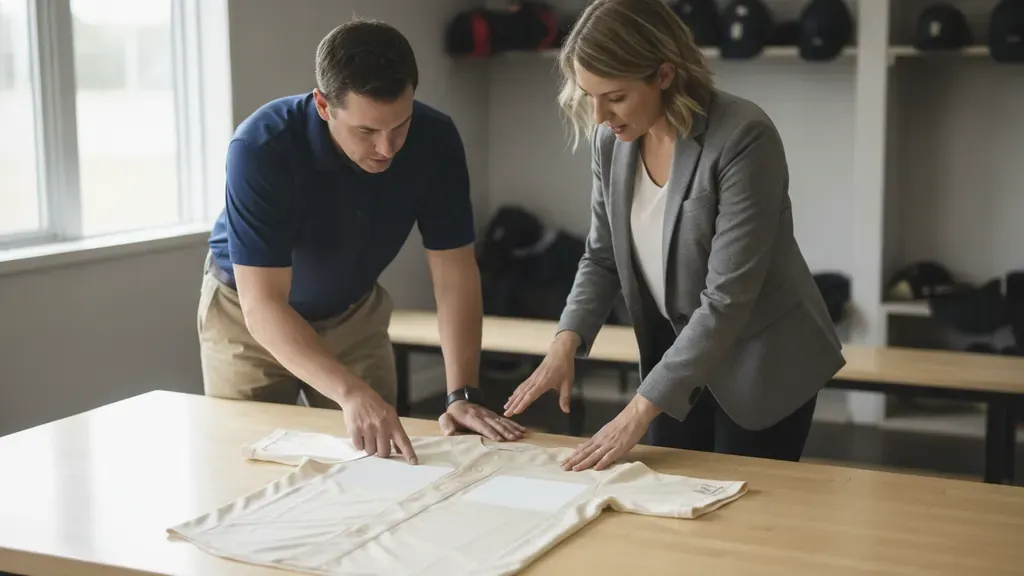 League administrator and coach reviewing sponsor placement areas on an unbranded youth baseball jersey