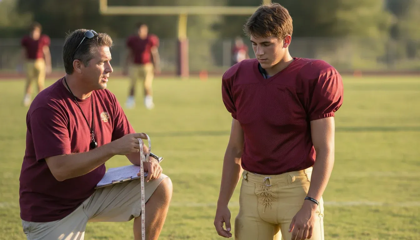 Coach checking a high school football player's uniform fit before a team order