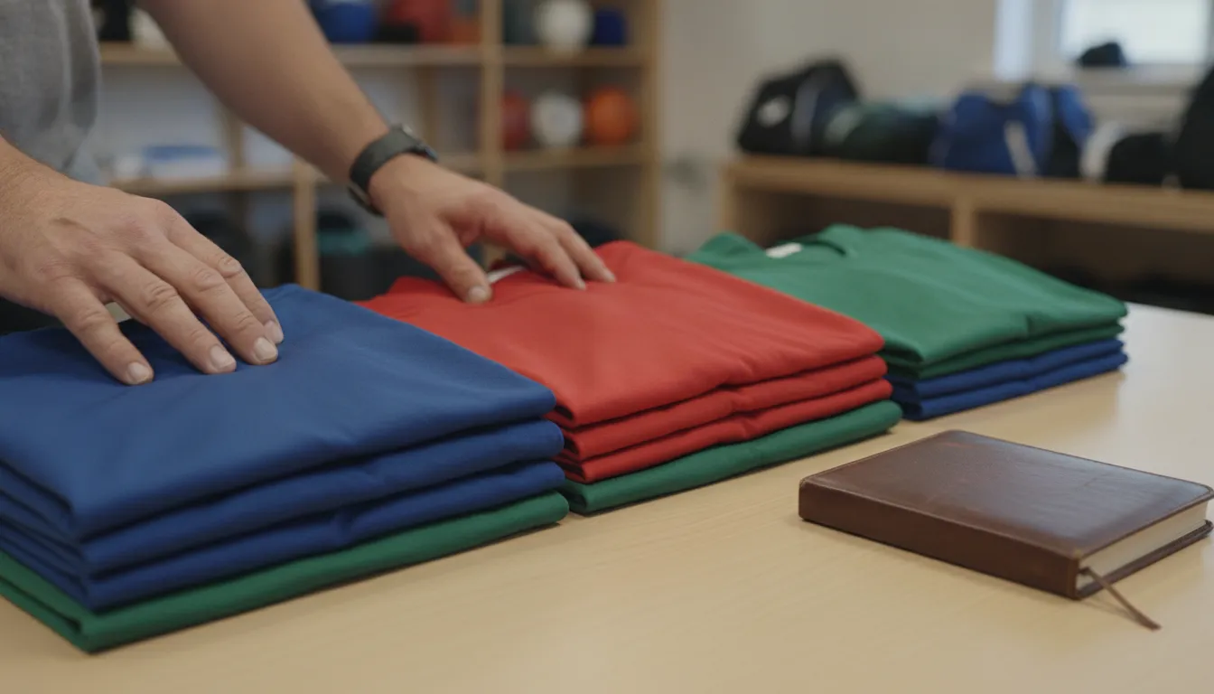 Coach sorting folded team jerseys into size stacks in an equipment room