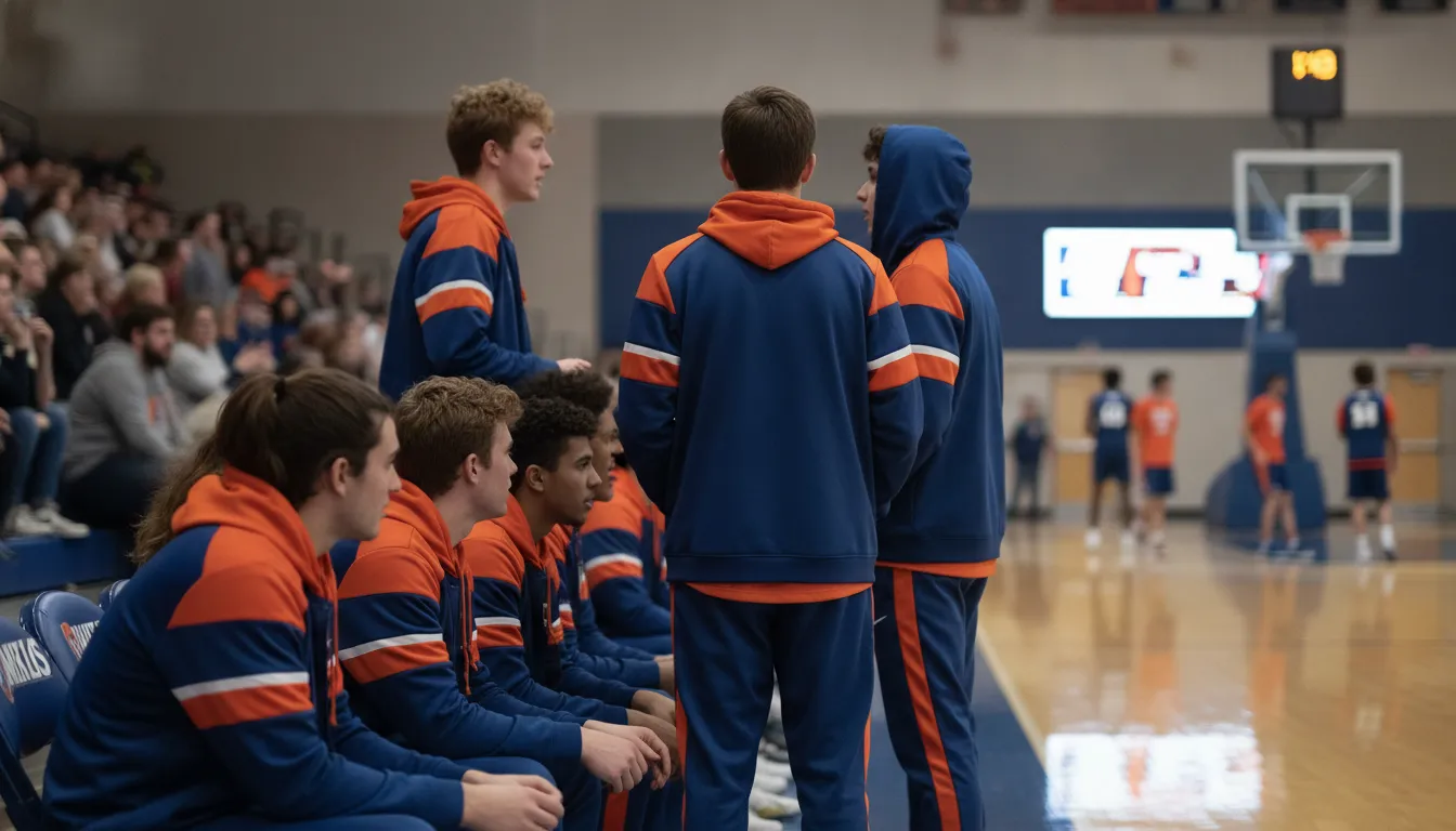 Sports team wearing matching custom warm-up jackets and hoodies on the sideline