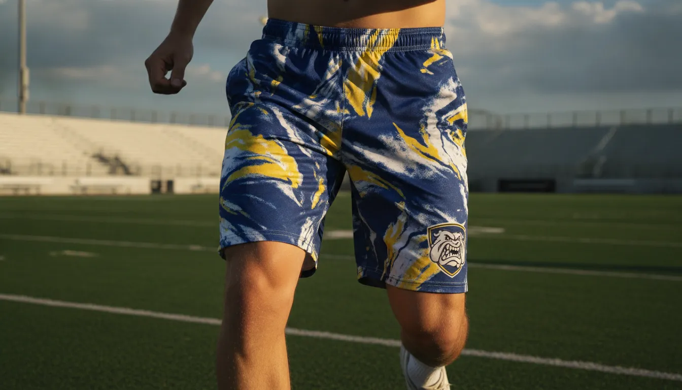 Sublimated lacrosse shorts with custom all-over team color design and matching jersey