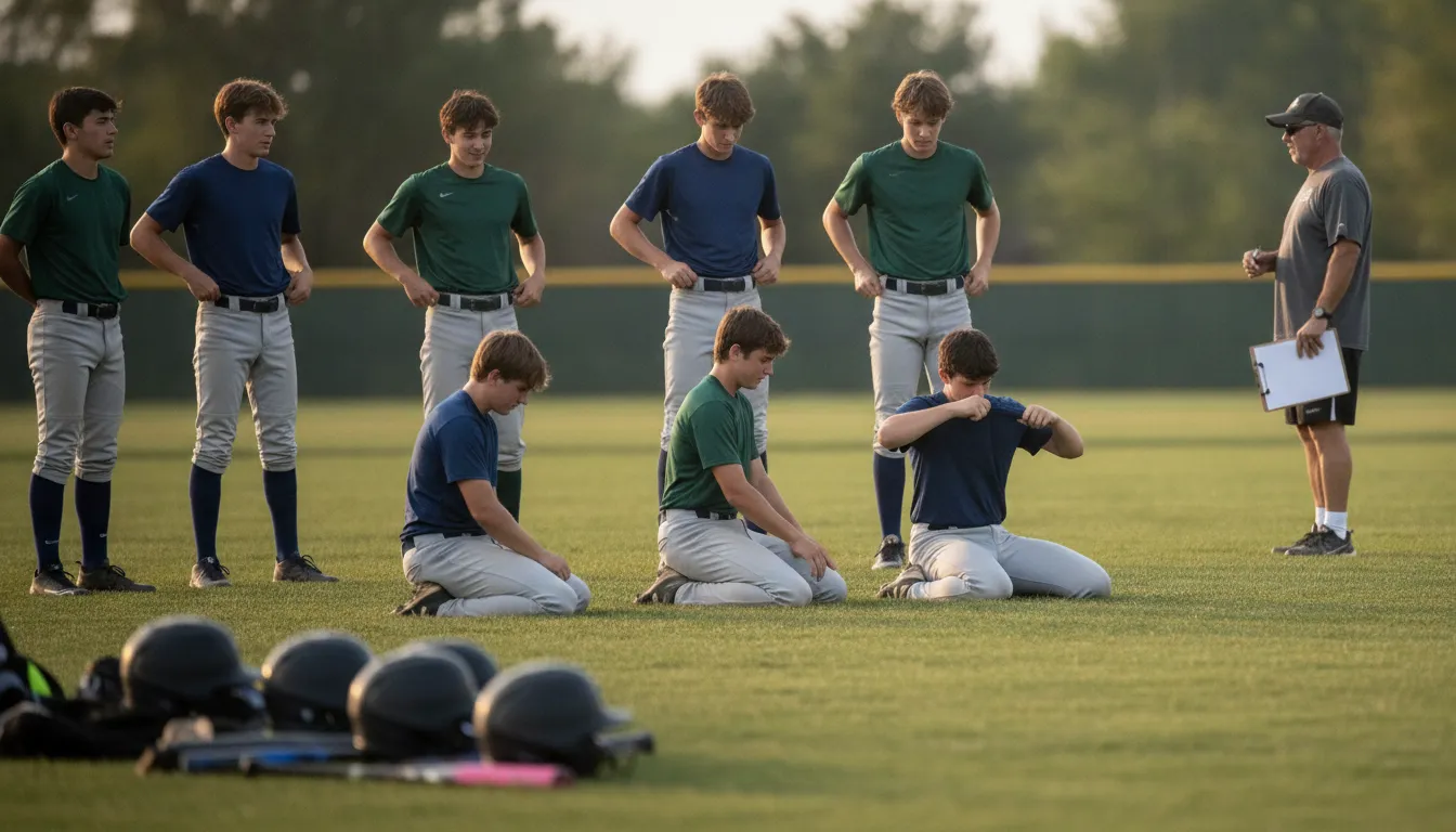 Athletes trying on plain jerseys and pants during a team fitting