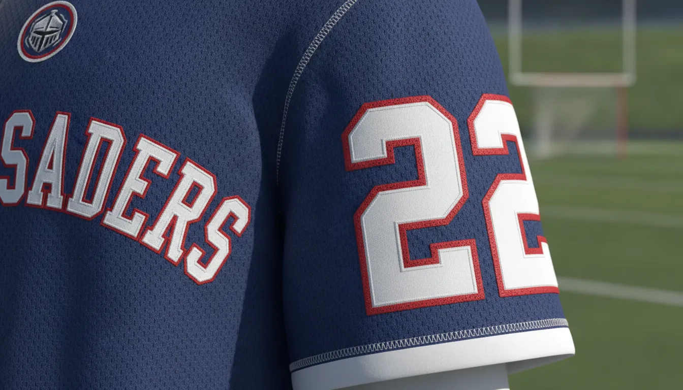 Custom lacrosse jersey with stitched Tackle-Twill numbers on the sleeve in school colors