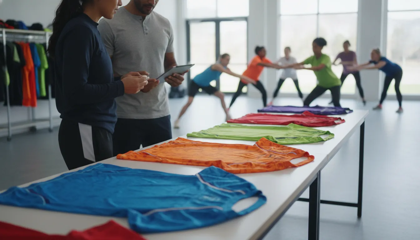 Coaches reviewing custom name-and-number jerseys before team approval