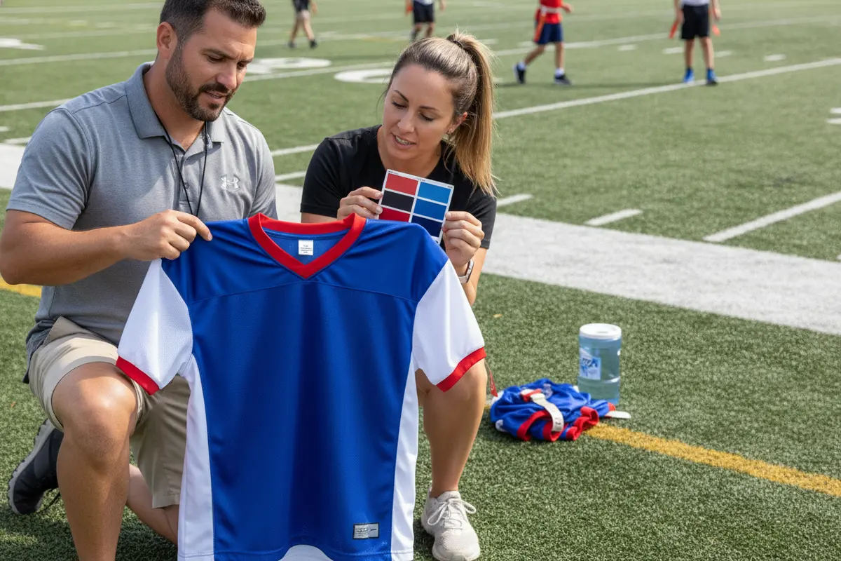 A coach and team manager inspect a sample flag football jersey and color proof