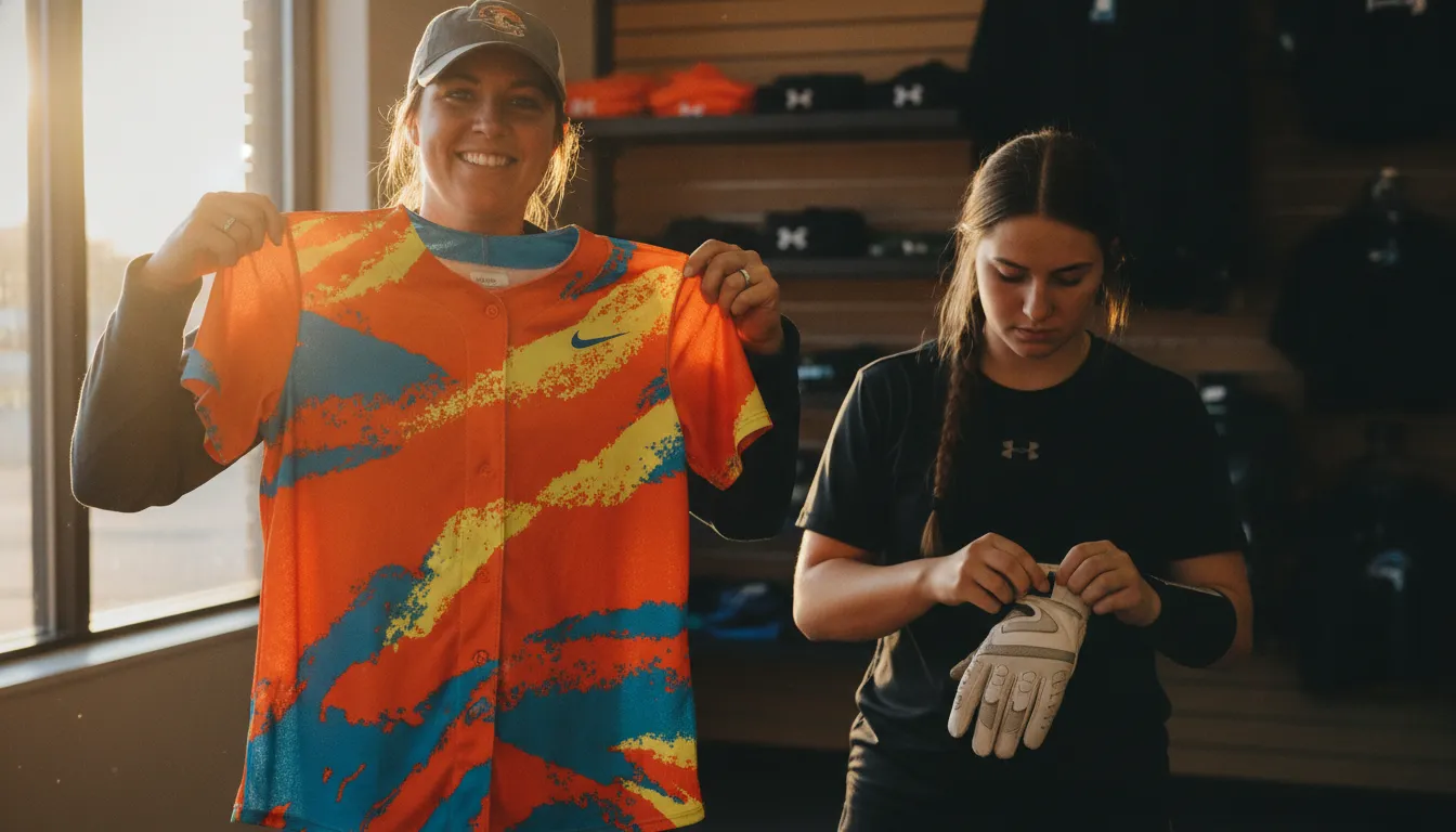 Softball coach holding a custom jersey in a team store